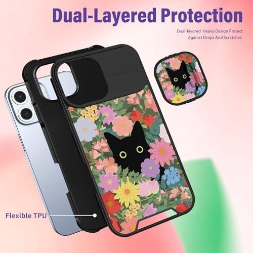 Image of Funermei for iPhone 16 Pro Case - Women Girls Cute Phone Cover Girly Pretty Aesthetic Black Cat Floral Flower Unique Design with Camera Cover Funda for Apple for iPhone 16 Pro