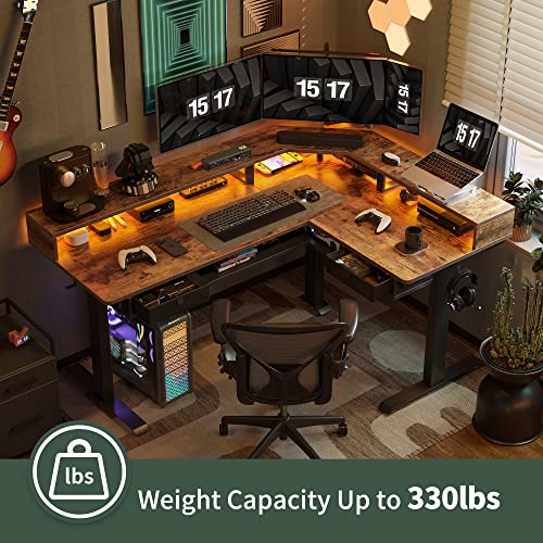 Image of FEZIBO L Shaped Standing Desk with LED Strip & 2 Drawers, Triple Motors Supports 330 lbs, Upper and Lower Storage Shelves Available, Electric Height Adjustable, for Home Office, Rustic Brown