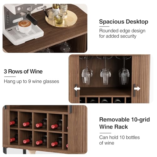 Coffee Bar Cabinet with Storage, Fluted Wine Cabinet with Sliding Doors, Glass Holder and Wine Rack, Buffet Sideboard Liquor Cabinet for Kitchen, Dining Room, Living Room, Walnut - Thumbnail 4
