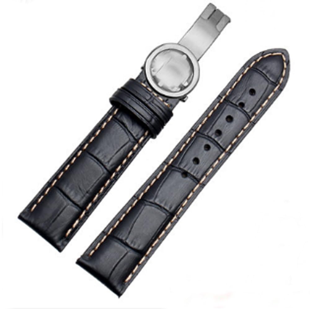 20mm/21mm/22mm Black/Brown Leather Watch Band Strap Deployment Buckle Fit For Patek Philippe (20mm, Black(Silver buckle))