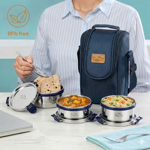 Image of PDDFALCON Stainless Steel EcoNxt Clover Lunch Box Set of 3 containers with Insulated Bag, BIS Certified, Jindal Seal & Made in India (Navy Blue - 1000ml)