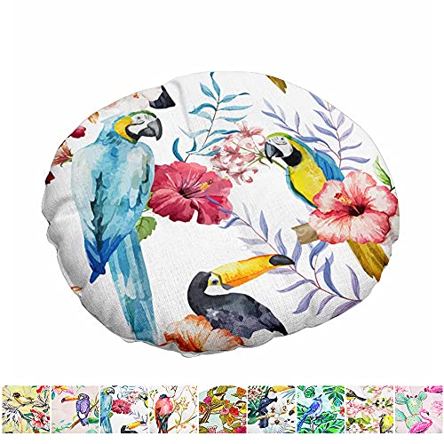 Morbuy Round Linen Cushion Chair Pad, Quilted Seat Pad Flower & Bird Series Floor Tatami Comfortable Padded Sofa Dining Chairs Cushions for Indoor Outdoor Garden Home Décor (40x40cm,Blue parrot)