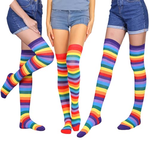Image of Womens Thigh High Socks Athletic Stripe Cute Colorful Over the Knee High Sock Colorful Long Tube Sock