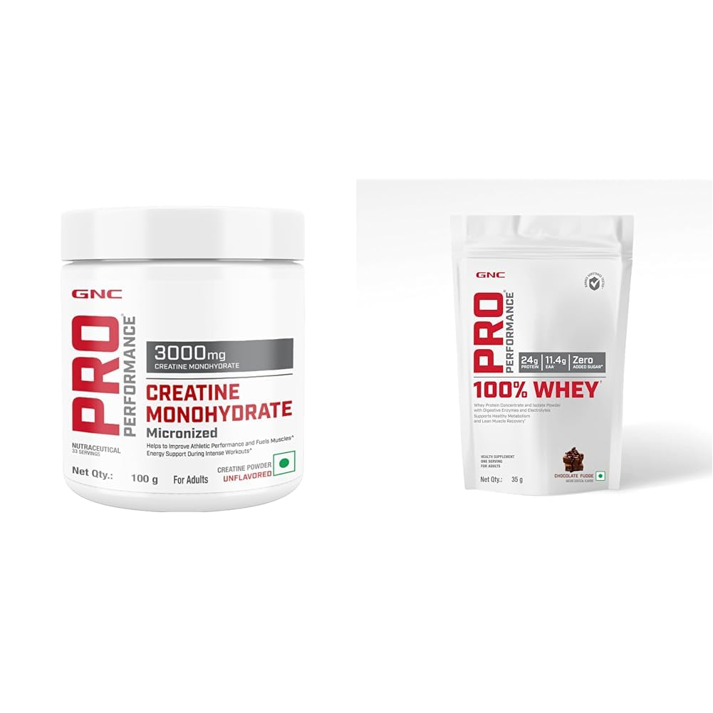 GNC Pro Performance 100% Whey Chocolate Fudge+Creatine Monohydrate Powder Combo-Builds Lean Muscles Promotes Faster Recovery Boosts Athletic Performance Hydrates Muscle Cells 35Gm / 100Gm Combo-picture-31