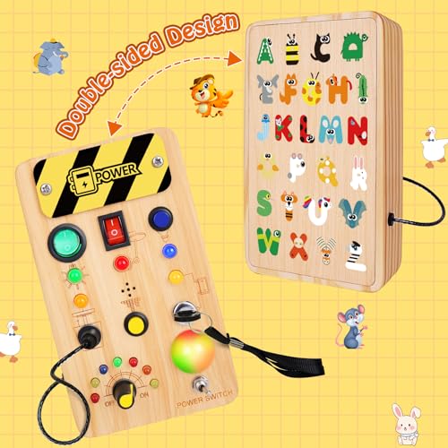 Image of TINTECUSA Busy Board Montessori Toys for Toddler, Wooden Sensory Board Switch Toy with Color-Changing LED Light Up Travel Toys Educational Plane Travel Activity for 1-6 Year Old Girls & Boys Gifts