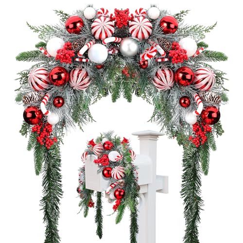 Liliful Christmas Mailbox Swag Red Green White 88 Inch Xmas Mailbox Swag Traditional Artificial Christmas Decorations for Home Indoor Outdoor Decorations