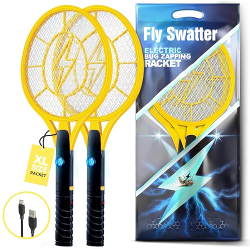 Lot de 2 tapettes à Mouches électriques, portatifs pour intérieur et extérieur - 4000 Volts - et moustiques instantané avec lumière LED Attractive