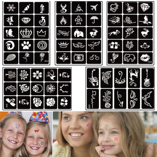 Xmasir 5 Sheets 70pcs Small Glitter Woman Drawing Tattoo Stencil, Kids Cute Airbrush Stencils & Templates