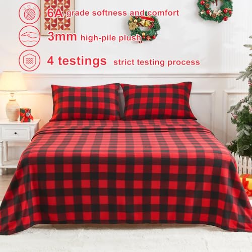 Image of Softan Fleece Queen Sheets Set 4-Piece Fuzzy Bed Sets with 15 inch Deep Pocket Fitted Sheet, Flat Sheet and Pillowcase,Red Buffalo Plaid
