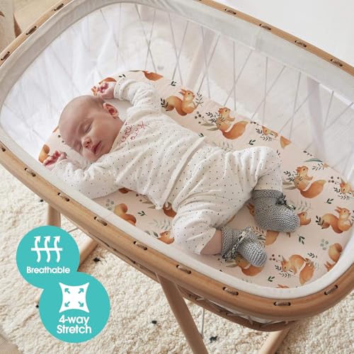 Image of Stretch Fitted Bassinet Sheet Set BROLEX 2 Pack Cradle Sheets for Bassinet Pad /Mattress,Unisex Boys Girls,Ultra Soft,Squirrel Foliage