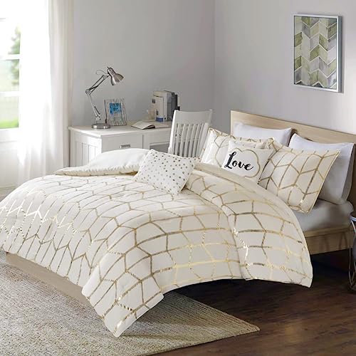 Intelligent Design Raina Full / Queen Comforter Set, Soft Microfiber Comforter Set Queen, Modern Geometric Metallic Bed Set, 5 Pieces College Bedding Comforter Set with 2 Shams, 2 Toss Pillows Ivory