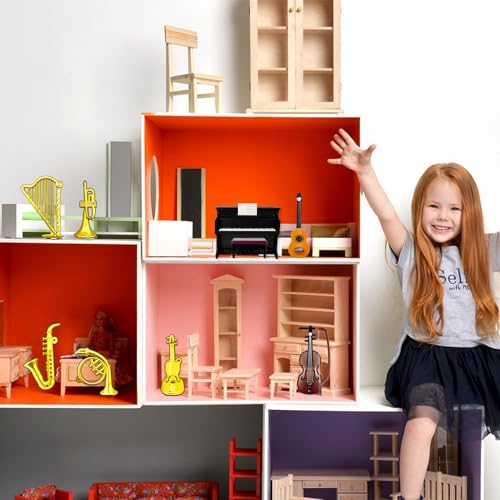 27 Pcs Dollhouse Musical Instruments,Mini Dollhouse Musical Instrument Model Including Piano,Guitar, Violins, Drums Saxophone etc. Model Accessory for Dollhouse Mini Music Room - Thumbnail 7