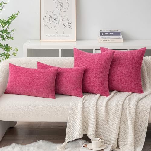 Image of MIULEE Pack of 2 Couch Throw Pillow Covers 16x16 Inch Soft Hot Pink Chenille Pillow Covers for Sofa Living Room Solid Dyed Pillow Cases