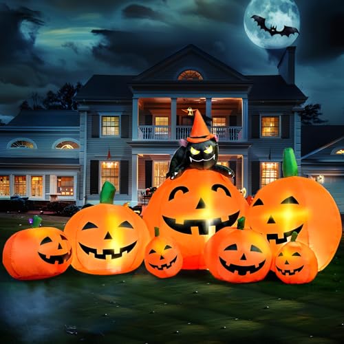 Image of Joiedomi 7 FT Long Halloween Inflatables Pumpkin Outdoor Decorations, 7 Pumpkins Outside Decoration with Witch's Cat with Build-in LEDs Blow Up Inflatables for Party Yard Lawn Garden Decor
