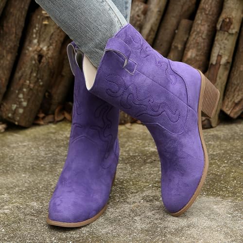 Women Western Cowboy Ankle Boots Wide Calf Stylish Suede Chunky Block High Heels Hollowing Star Embellishment Almond Toe Western Booties Comfort Breathable Dressy Gathering Shoes2