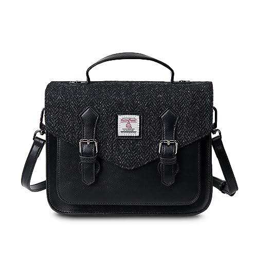 Islander® The Calton Satchel - Bolsa feminina com malha HARRIS - Pequena e média, Espinha de peixe preta, Medium