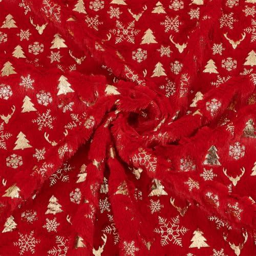 BENECREAT 1 m de tela de piel sintética con copo de nieve, lámina dorada de 160 cm, tela para árbol de Navidad, accesorios de ropa para faldas, cojines, Navidad, mesa, fiesta, decoración, rojo