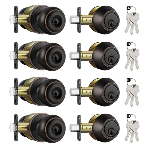 Goldenwarm 4 Pack Entry Door Lock with Deadbolt Keyed Unlike Oil Rubbed Bronze Exterior Door Knobs with Single Cylinder Deadbolt Stainless Steel Front Door Lock Sets for Rental Properties & Offices