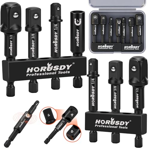 Image of 7-Piece High Torque Impact Socket Adapter & Magnetic Bit Holder Set, 1 /4 inch Hex Shank Drill Socket Adapter to 1 /2 inch 3 /8 inch 1 /4 inch Drive, Magnetic Bit Holder for Impact Driver & Drill, With Organizer Rack