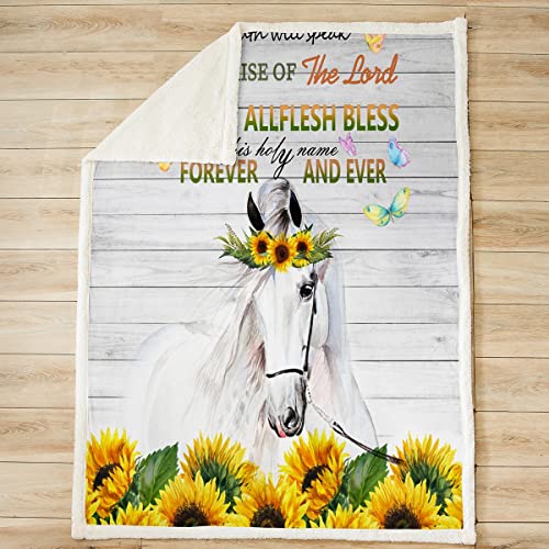 White Horse Fleece Throw Blanket Sunflower Horse Sherpa Blanket for Kids Boys Girls Wild Animal Plush Blanket Botanical Floral Fuzzy Blanket for Sofa Bed,Single 50x60 Inch - Image 2