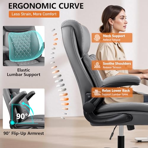 Image of BESTFAIR Office Desk Chair with Lumbar Support for Lower Back Pain | Executive Leather Home Chair Comfy with Padded Flip-up Armrests, Gray, 4-Pack