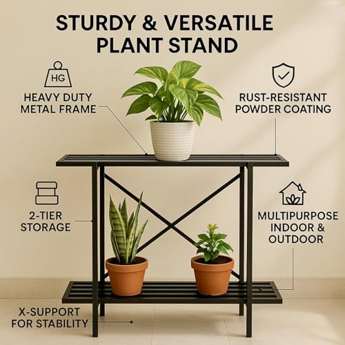 Image of Bee Creative Plant Stands for Outdoor Balcony, Flower Pot Stand for Indoor Plants, Large Metal Planter Stand for Living Room, home decor, Indoor & Outdoor plants Stand (2 TIER B)