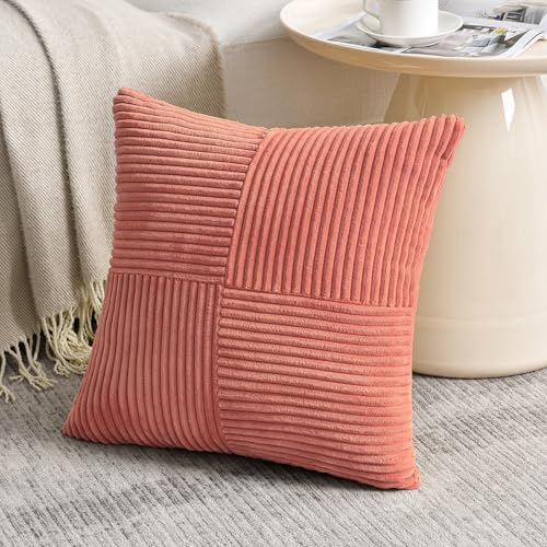 Image of Fancy Homi 2 Packs Coral Decorative Throw Pillow Covers 20x20 Inch for Living Room Couch Bed Sofa, Rustic Farmhouse Boho Home Decor, Soft Corss Corduroy Patchwork Accent Peach Cushion Case 50x50 cm