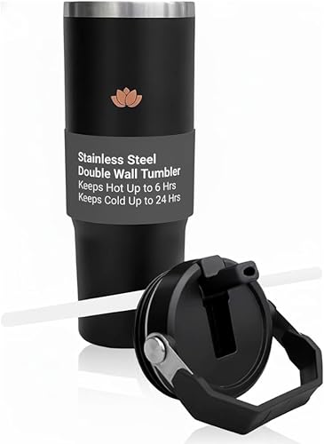 LILY Vaso de 30 onzas con asa y pajilla, taza de viaje con tapa con pajilla, taza de acero inoxidable de doble pared y botella de agua aislada, taza