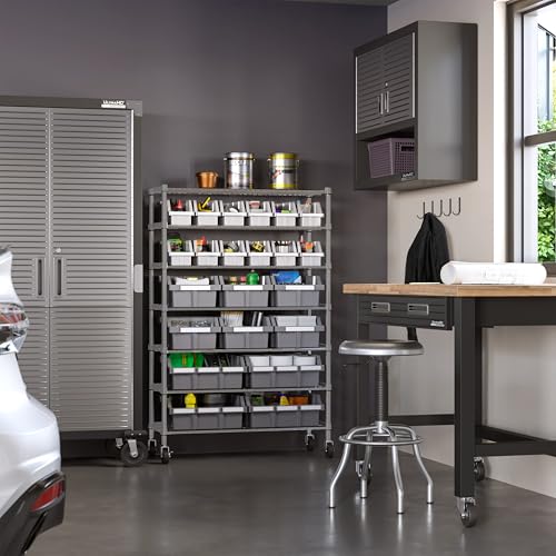 Image of 7-Tier NSF 22-Bin Steel Wire Shelving Rack, 36 inchW x 14 inchD x 56 inchH, Gray | 22 slide-out bins with tilt-lock design keep supplies organized and accessible