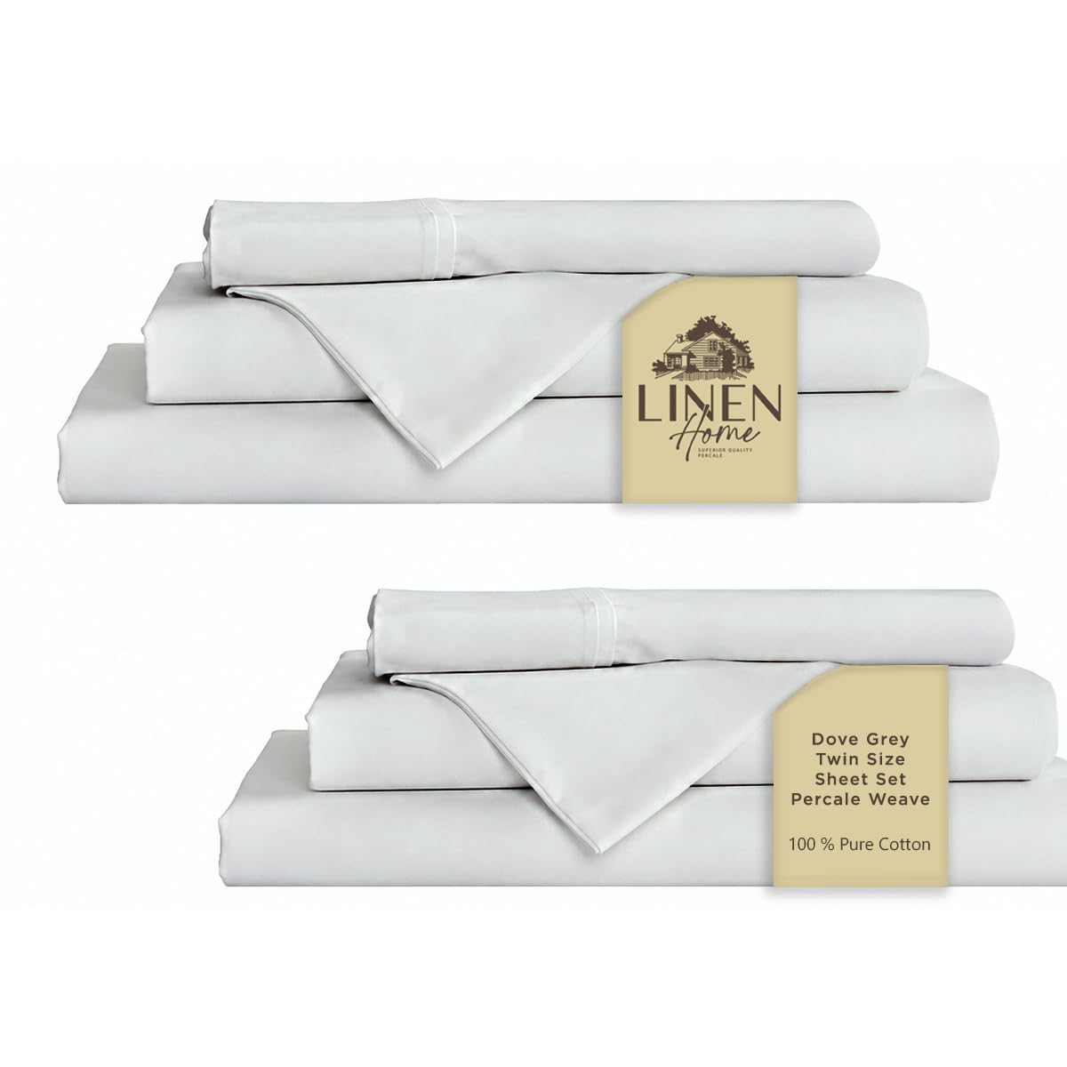 Linen Home 100% Cotton Percale Sheets Twin Size Pack of 2, Dove Grey, Deep Pocket, 6 Pieces Set- 2 Flat, 2 Fitted and 2 Pillowcases, Crisp Cool and Long Staple Strong Bed Linen