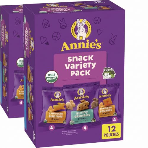 Annie's Organic Variety Pack, Cheddar Bunnies, Bunny Grahams and Cheddar Squares, 12 Pouches, 11 oz (Pack of 2)