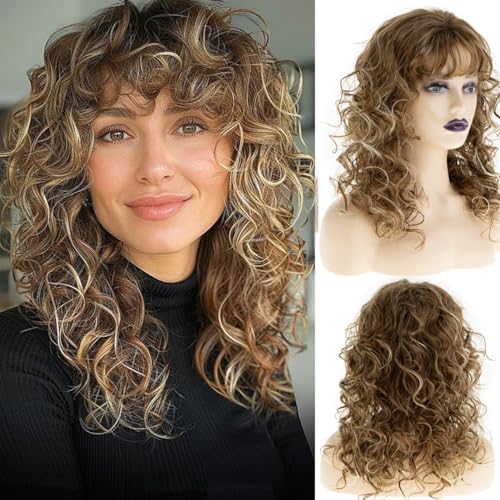 Perruque longue et bouclée avec frange thermorésistante pour changer de style sans reflet brillant