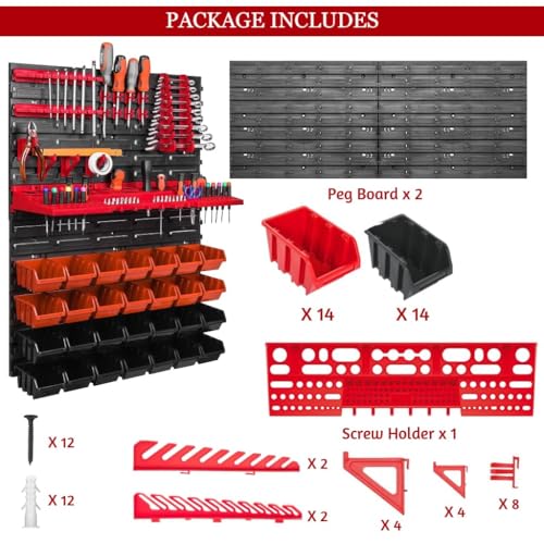 Image of Hukimoyo 28 Bins Wall Mounted Screw Organizer Storage With Screw Holder Set Garage Organizer Bins Plastic Parts Rack Container For Screws, Bolts, Nuts With Pegboard (Red (28 Bins))