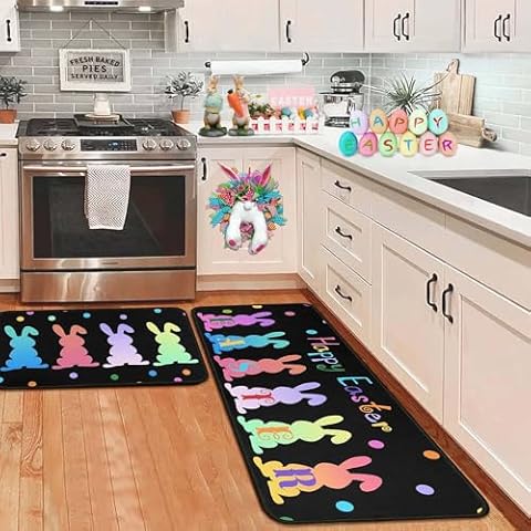 OUXIOAZ Happy Easter Bunny Rabbits Decorative Kitchen Rugs Set of 2, Home Seasonal Spring Easter Holiday Party Decorations for Home Kitchen 17"x47"+17"x30" Cover