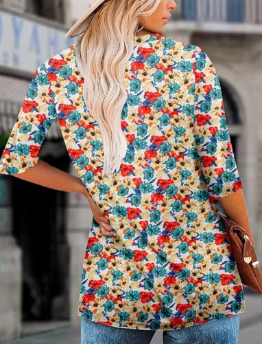 KISSMODA Tunic Tops for Women Loose Fit Dressy Round Neck Pleated 3/4 Length Sleeve Spring Tops