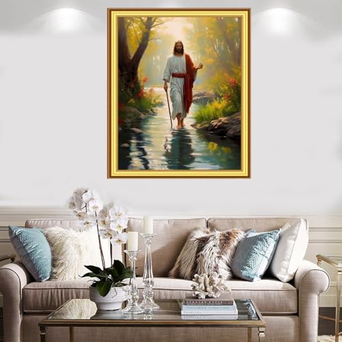 Image of Foxnyart Stamped Cross Stitch Kits Full Range of Embroidery Needlework Starter Kits for Beginners Adults 11CT Embroidery Patterns Art Crafts DIY Needlepoint Kit-Exploring Forest Jesus 16x20 inchs