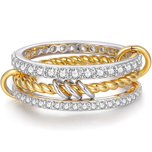 ReBest Silver Gold Stackable Rings for Women Non-Tarnish 14K Gold Knuckle Multi-Link Connected Rings Set Bling CZ Cubic Zirconia Rings for Girlfriends Sister Birthday Jewelry Gift (Size 6)