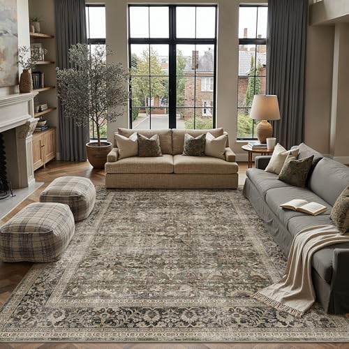 8x10 Area Rug Non Slip Large Vintage Living Room Distressed Washable Carpet Traditional Indoor Bedroom Grey Retro Floral Accent Throw Rug for Office K