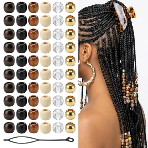 60 Pcs Wooden Hair Beads for Braids & Dreadlocks Natural Wood Hair Cuffs with Large Holes Vintage Boho Hairs Jewelry Accessories for Box Braids Locs Cornrows - DIY Crafts for Women Men