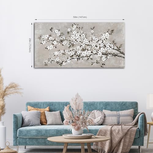 Image of VEAEE White Blossom Branches Wall Art - Floral Canvas Prints Living Room Decor Abstract Flowers Painting Canvas Pictues, Contemporary Artwork Bedroom Office Kitchen Wall Decor Ready to Hang 29 inchx58 inch