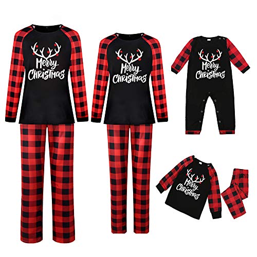 Matching Family Christmas Pajamas Sets, Plaid Stripe Deer Print Long Sleeve Top Tee and Pants Xmas Loungewear (Red Plaid Women, S)