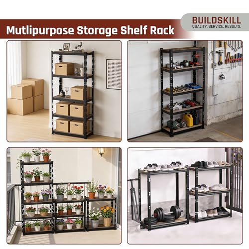 Image of BUILDSKILL 5-Tier Multipurpose Storage Rack | 67x28x12 Inch Bolt-Free Assembly Adjustable Rack | Oil & Water Friendly Dual-Side MDF Plywood Shelves | 175kg Load Per Shelf | Black Powder Coated Metal
