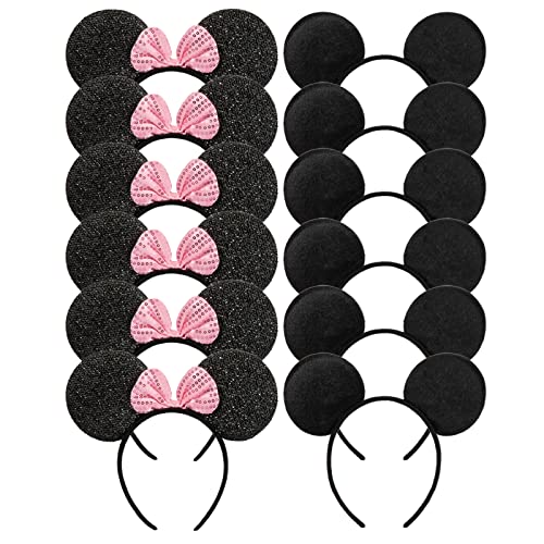 CHuangQi 12 Pc Mouse Ears Solid Black and Pink Sequins Bow