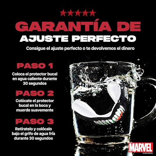 Gráfica con los pasos para conseguir un ajuste perfecto del protector bucal Marvel, explicando cómo calentarlo y adaptarlo