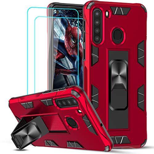 Samsung A21 Case, Samsung Galaxy A21 Case with Tempered Glass Screen Protector [2Pack], LeYi Military-Grade Shockproof Built-in Kickstand Magnetic Car Mount Protective Cover Case for Galaxy A21, Red