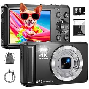 4K 64MP Digitalkamera mit Mikro-SD-Karte, Autofokus Fotoapparat mit 16X Digitalzoom Tragbar Kompaktkamera mit 1200mAh Batterie, USB-Kabel, für Teenager Erwachsene Anfänger