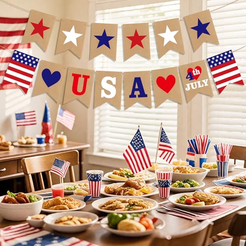 Image of 4th of July Banner Decorations, Fourth of July Patriotic Banner Decorations, Red White and Blue Decor for Independence Day, Home Party Mantel Fireplace Supplies