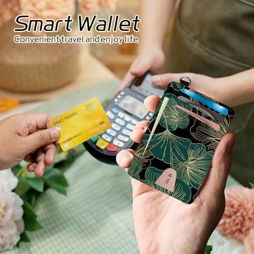 Image of Small Travel Wallets, Art Leaf Slim Minimalist Front Pocket Wallet with Wristlet, RFID Blocking PU Leather Credit Card Holder with ID Window Change Purse for Men Women