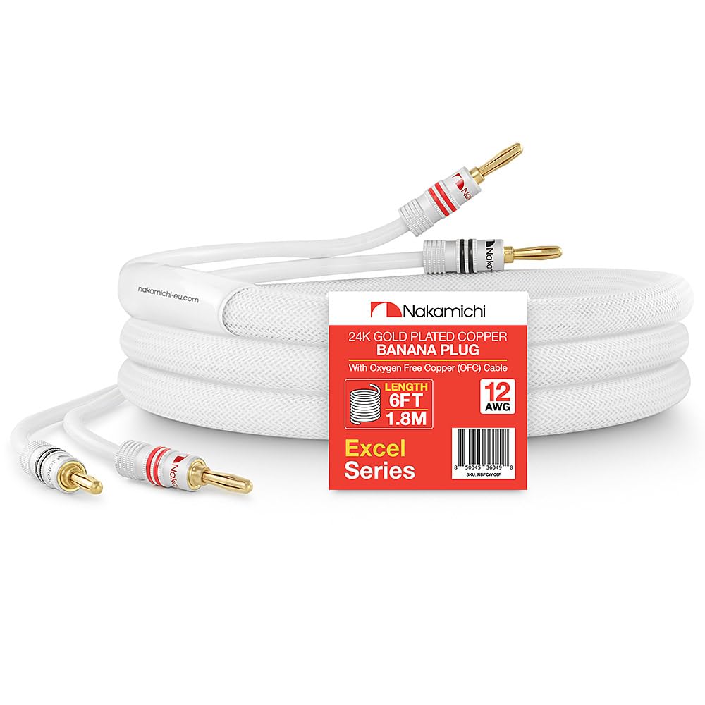 NakamichiExcel Series 24k Gold Plated Banana Plug with (6 Feet) 12AWG Speaker Cable Wire 99.9% Oxygen-Free Copper (OFC) Heavy Duty Braided for Amplifier Hi-Fi Home Theatre - White (6ft/1.8m)