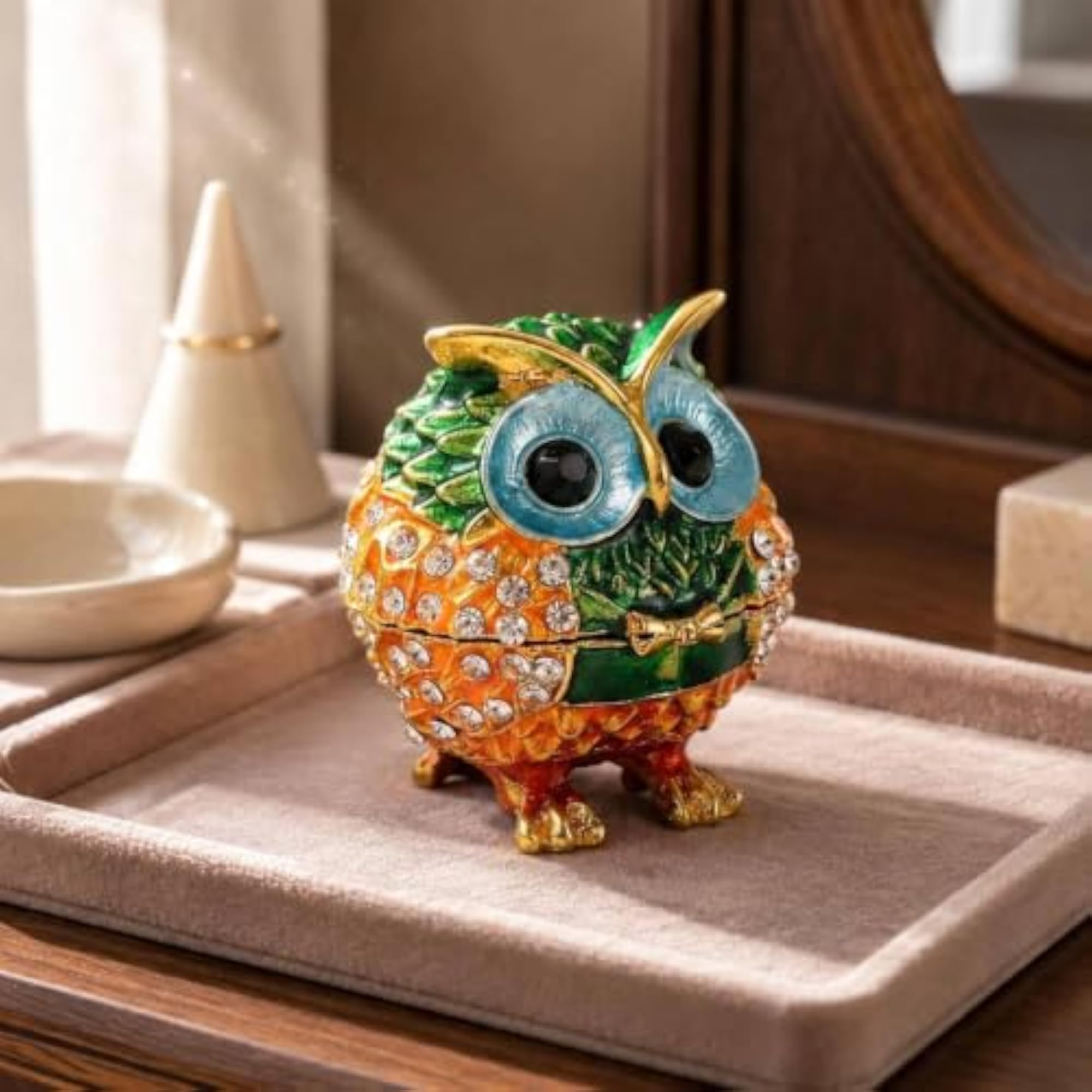 Faceted Owl Trinket Box in Gold-Tone Finish